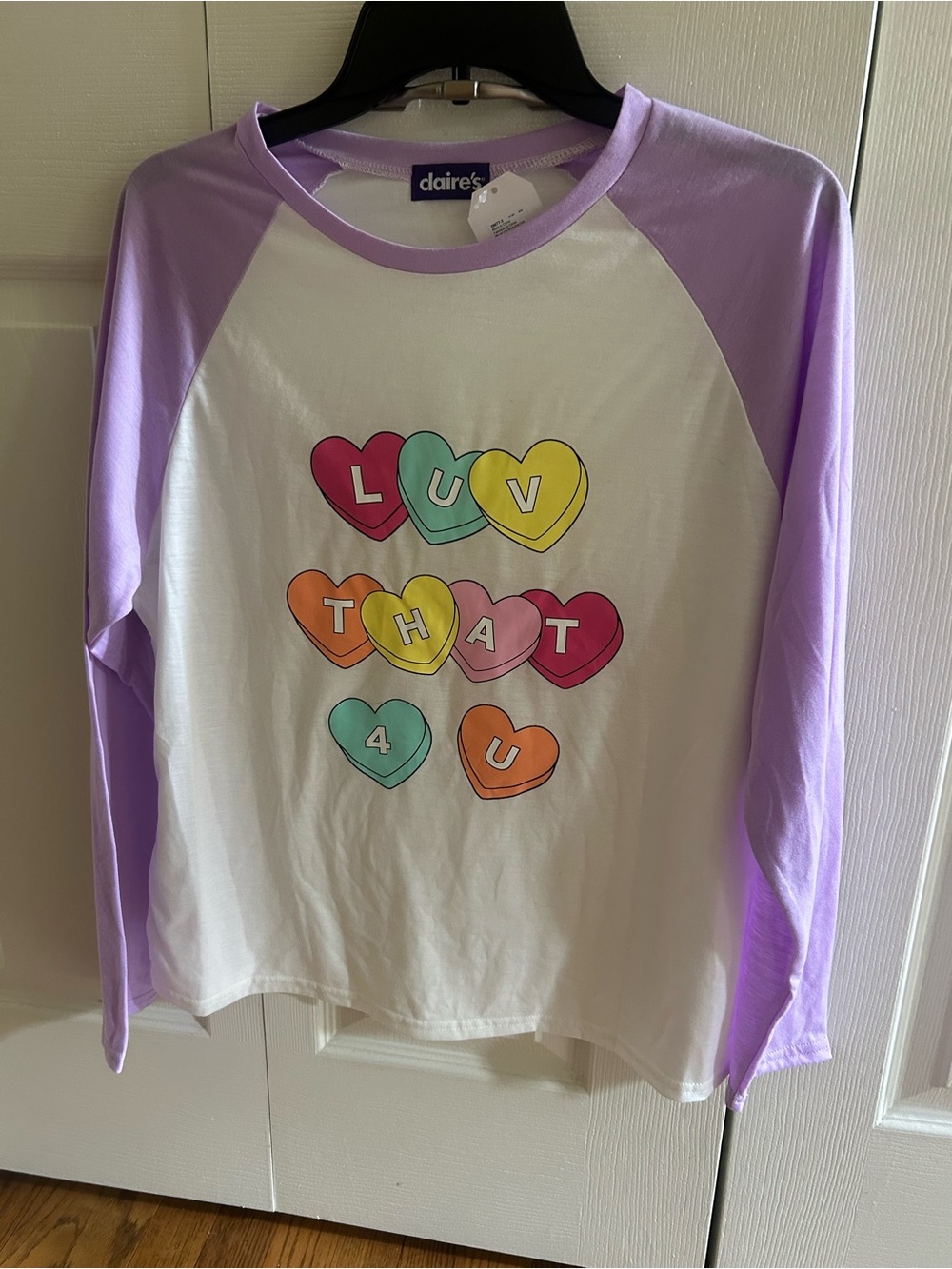 Claire's Lavender & White Raglan Long-Sleeve Tee with Multicolor Heart Graphics